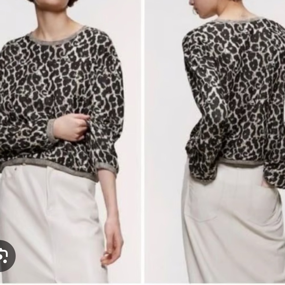 ZARA Animal Print Jacquard Knit Sweater Neutral Tan Black Size Medium M
